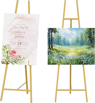 2 Pack Metal Scroll Display Easel, Gold Decorative Large Adjustable Floor Standing Easel with Chain Support, Arts Crafts Painting Drawing Art Supplies Easels for Picture Frame Wedding Sign