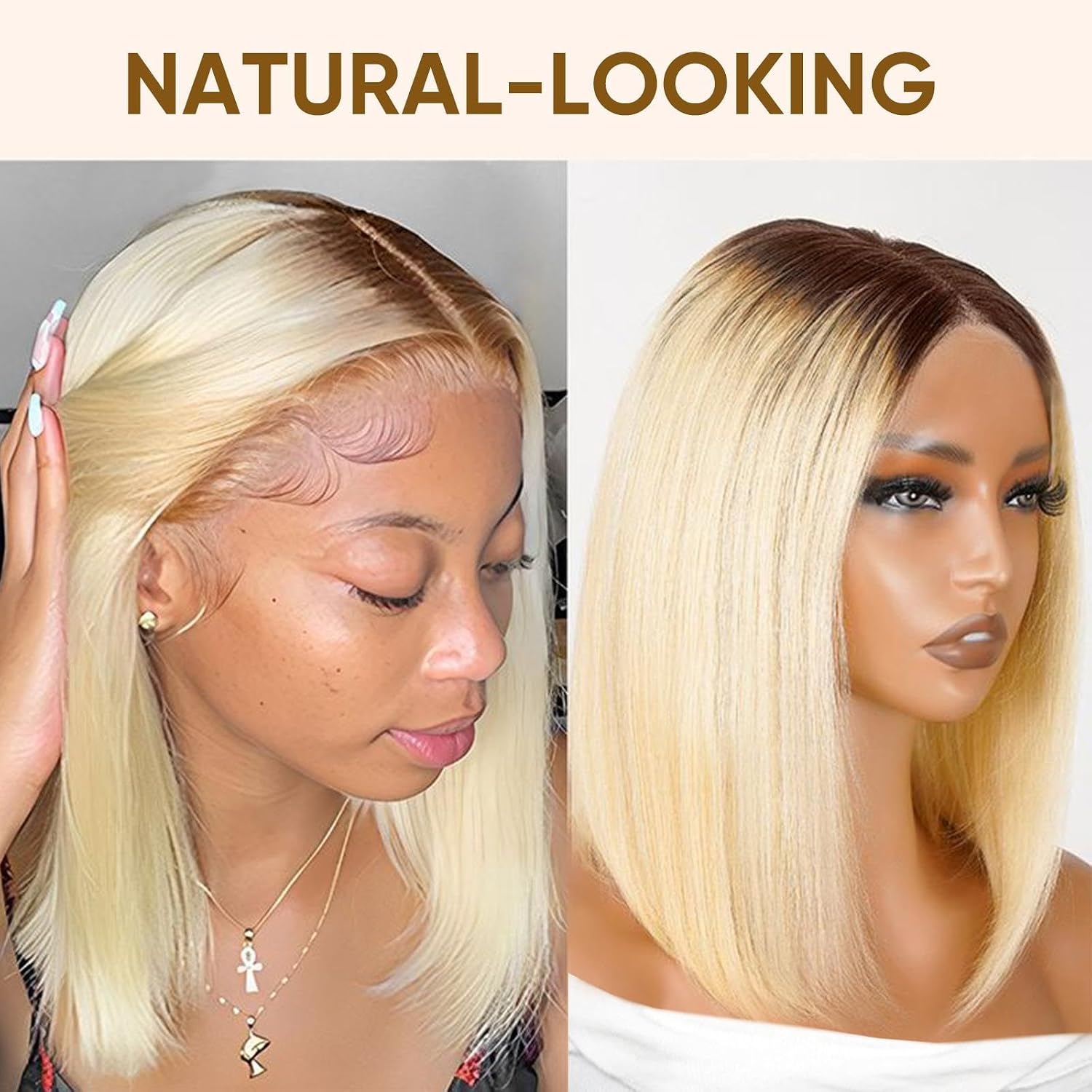 Wiggins Straight Glueless Bob Wig Human Hair 6x8 T4/613 Highlight Straight Bob Wig Pre Cut Lace Pre Plucked Natural Hairline Short Lace Front Wigs 12 Inch