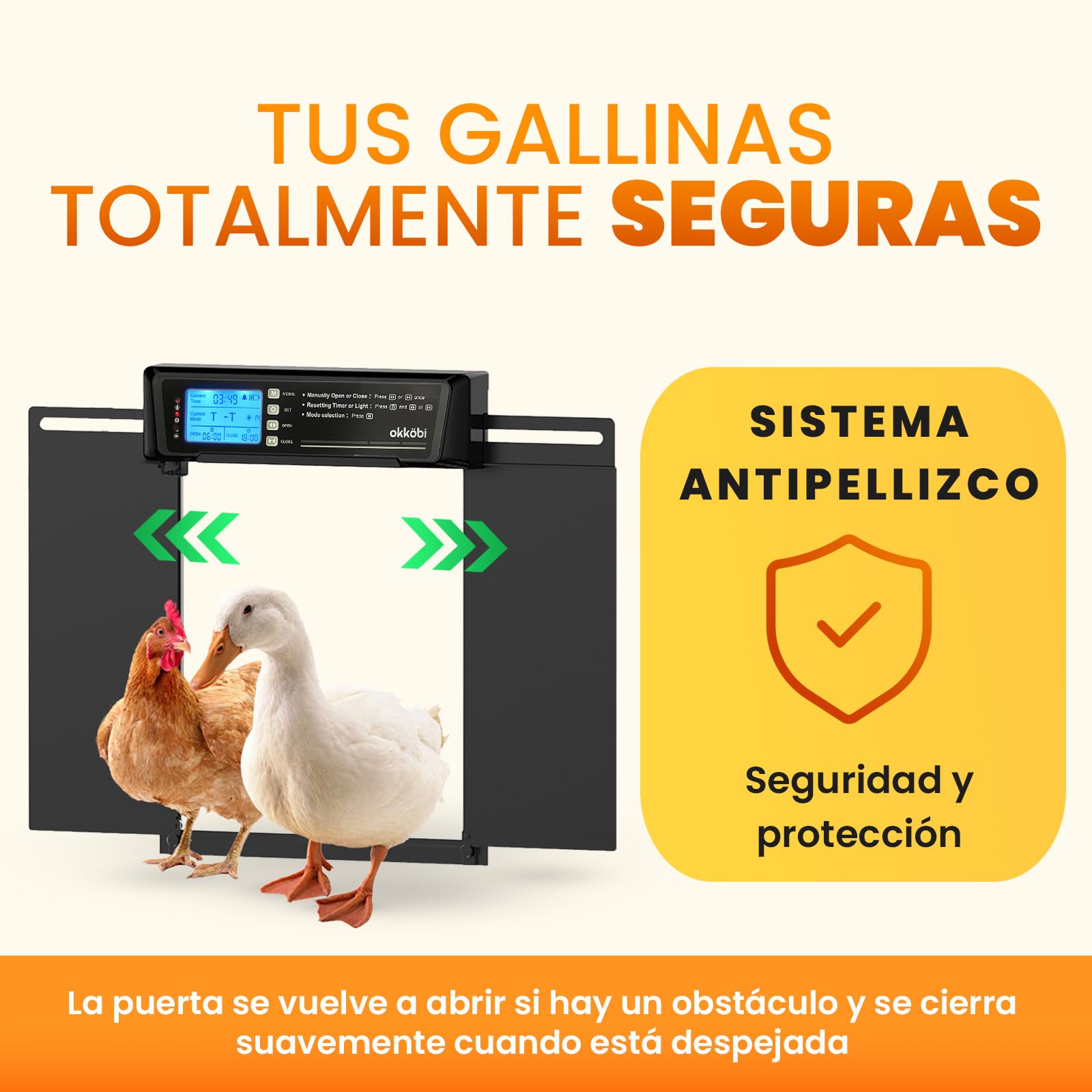 Puerta Gallinero Grande Automática Solar con Mando – Pantalla LCD, Sensor de Luz, Temporizador y Anti-pellizco – Apertura 28,7 x 22,1 cm – Protección 5 años – Negro - Okköbi