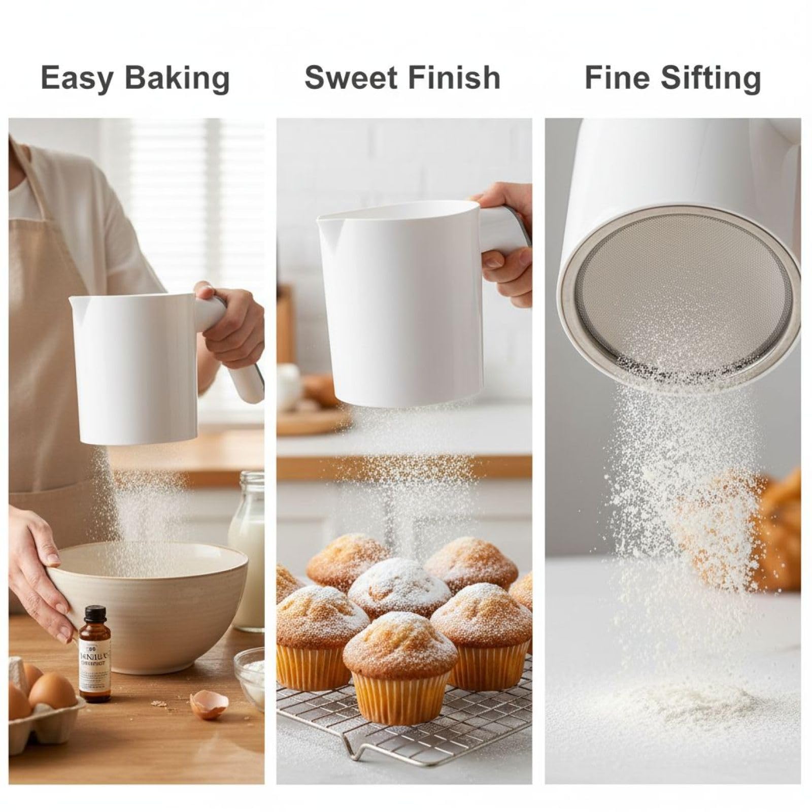 Elektrisches Mehlsieb zum Backen, handliches Mehlsieb mit Feinnetz, EIN-Knopf-Bedienung für Puderzucker, becherförmiges Sieb, 18,7 x 12,2 x 15,2 cm für Küche, Hotel, Restaurant