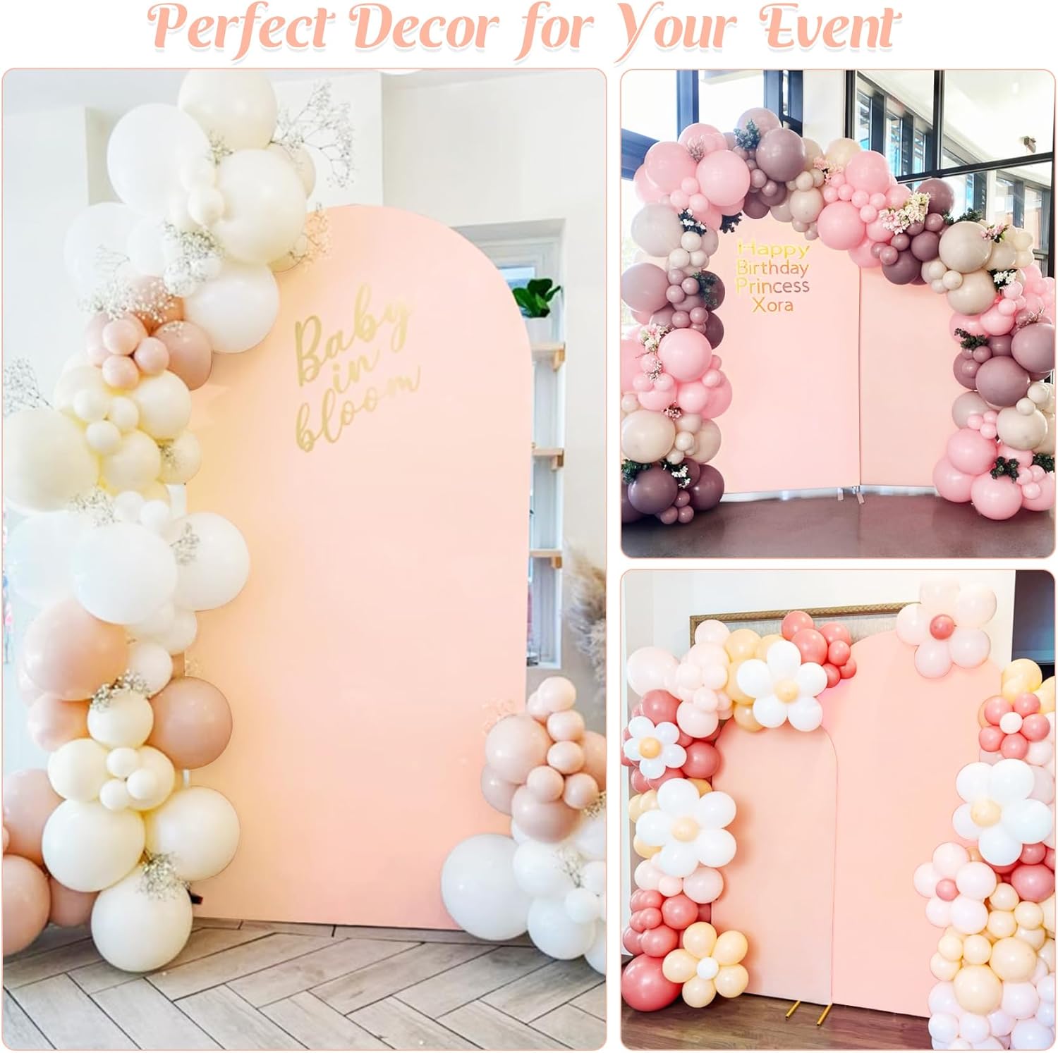 Set of 2 Wedding Arch Cover 2-Sided Round Top Spandex Fitted Arch Backdrop Cover for Birthday Party Baby Shower Wedding Arch Stand Decor（7.2FT, 6.6FT, Light Pink）