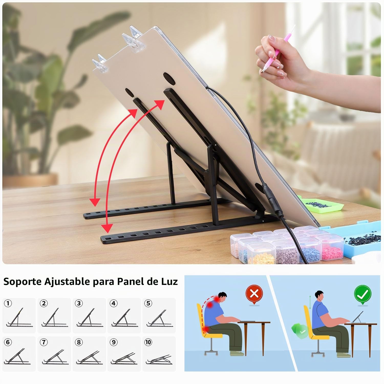 Zocelight mesa de luz a3, 4800lux Super Bright 5 mm ultra delgada mesa de luz para dibujo con soporte y clip, caja de luz de atenuación de 3 niveles para artistas, dibujo, diamond painting(negro)