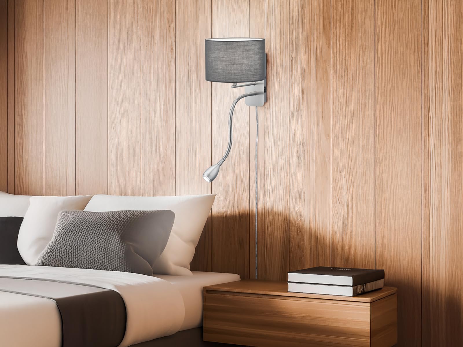 meineWunschleuchte Wandleuchte mit Leselampe, Schalter, Kabel und Stecker, Stoff Lampenschirm Grau, Korpus Metall Silber, Höhe 23,5cm inkl. stufenweise dimmbarem E14 Leuchtmittel