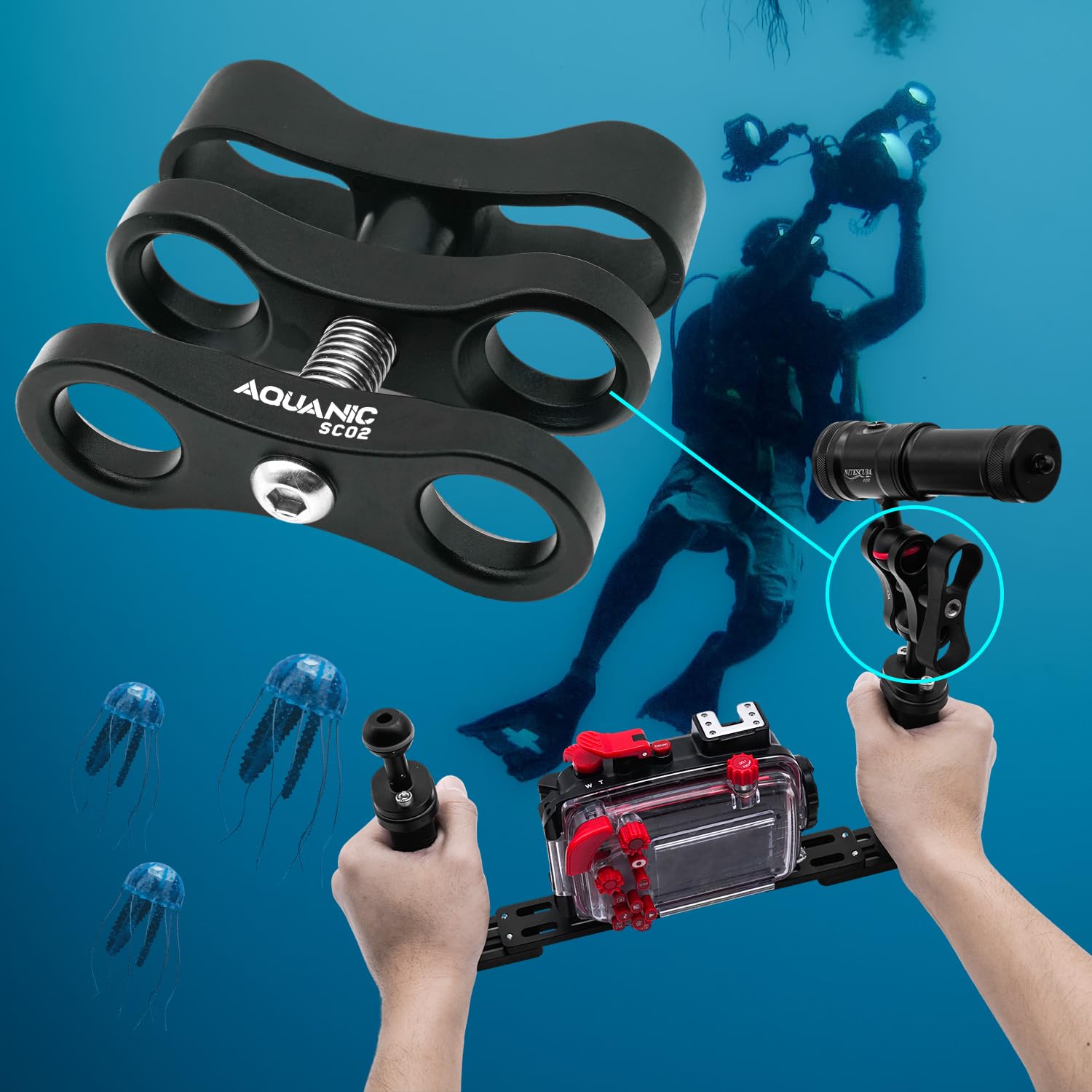 Support de serrage à boule standard de 2,5 cm, support adaptateur à clip à 360° pour système de bras de lampe de plongée sous-marine, système de bras de lampe de poche, appareil photo, appareil photo