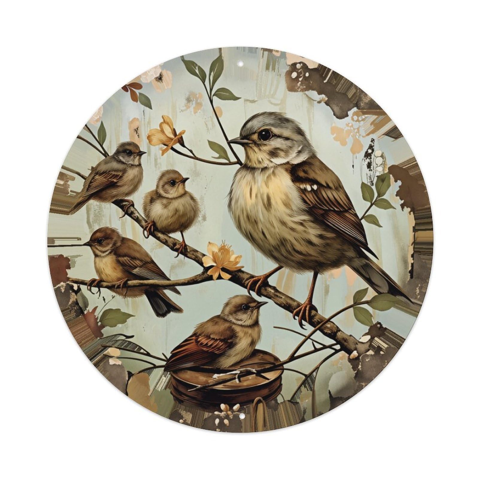 Birds Perched On Branches With Flowers Round Tin Sign Retro Metal Sign for Cafe Bar Pub Home Game Room Gym Club Wall Decoration Vintage Metal Poster 8x8 Inch
