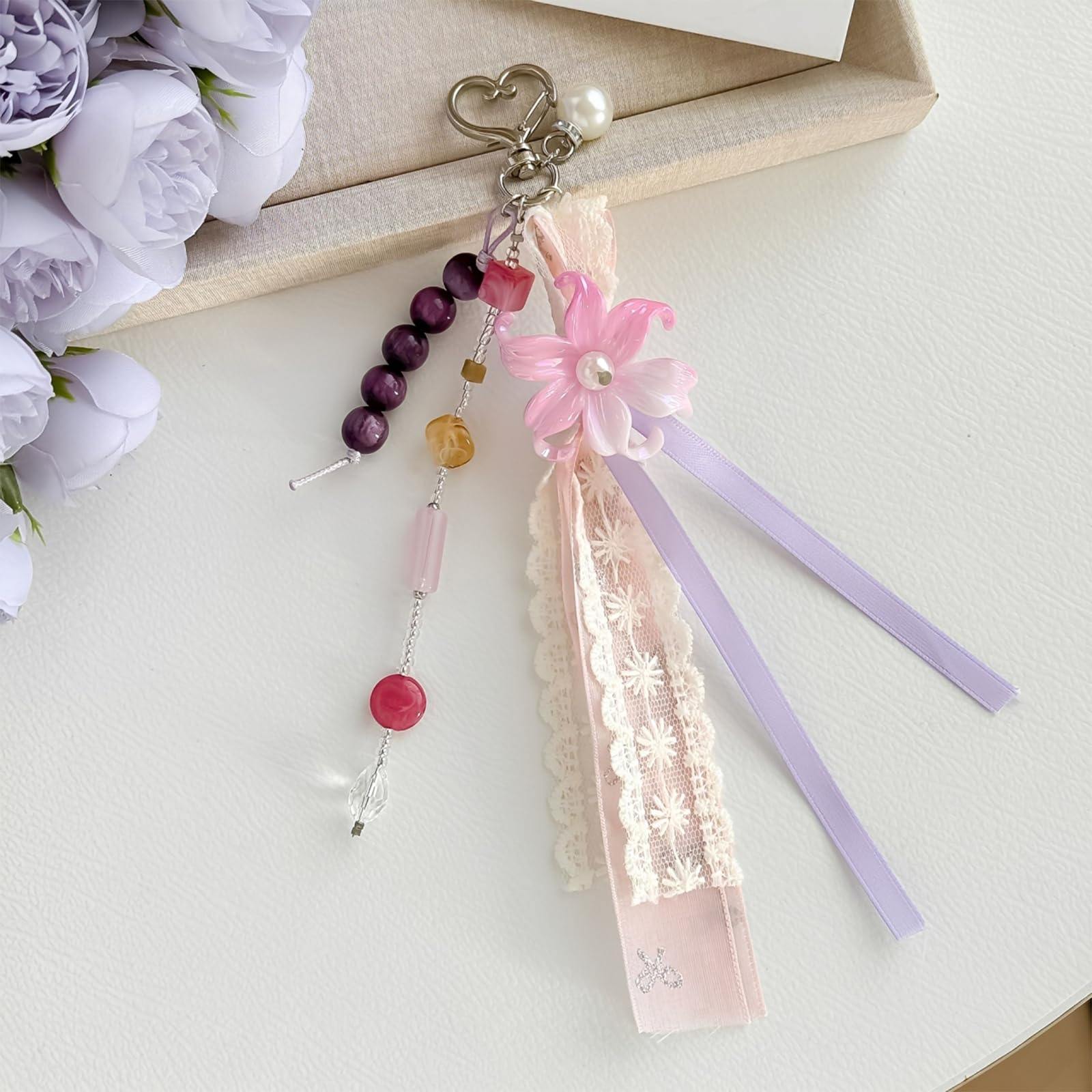 flower ribbon keychain, bag charms for handbags, 1pc