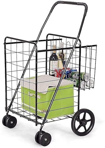 Nightcore Carrito de compras plegable, carrito grande de comestibles con ruedas giratorias dobles y cestas de almacenamiento dobles, carrito ligero