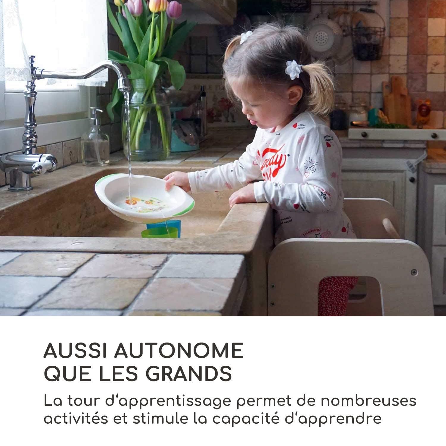 Ully by moblì®| la première Tour d'apprentissage en Bois Naturel avec étagères réglables | Fabriquée en Italie Selon Les principes Montessori | Conçue par des éducateurs Experts
