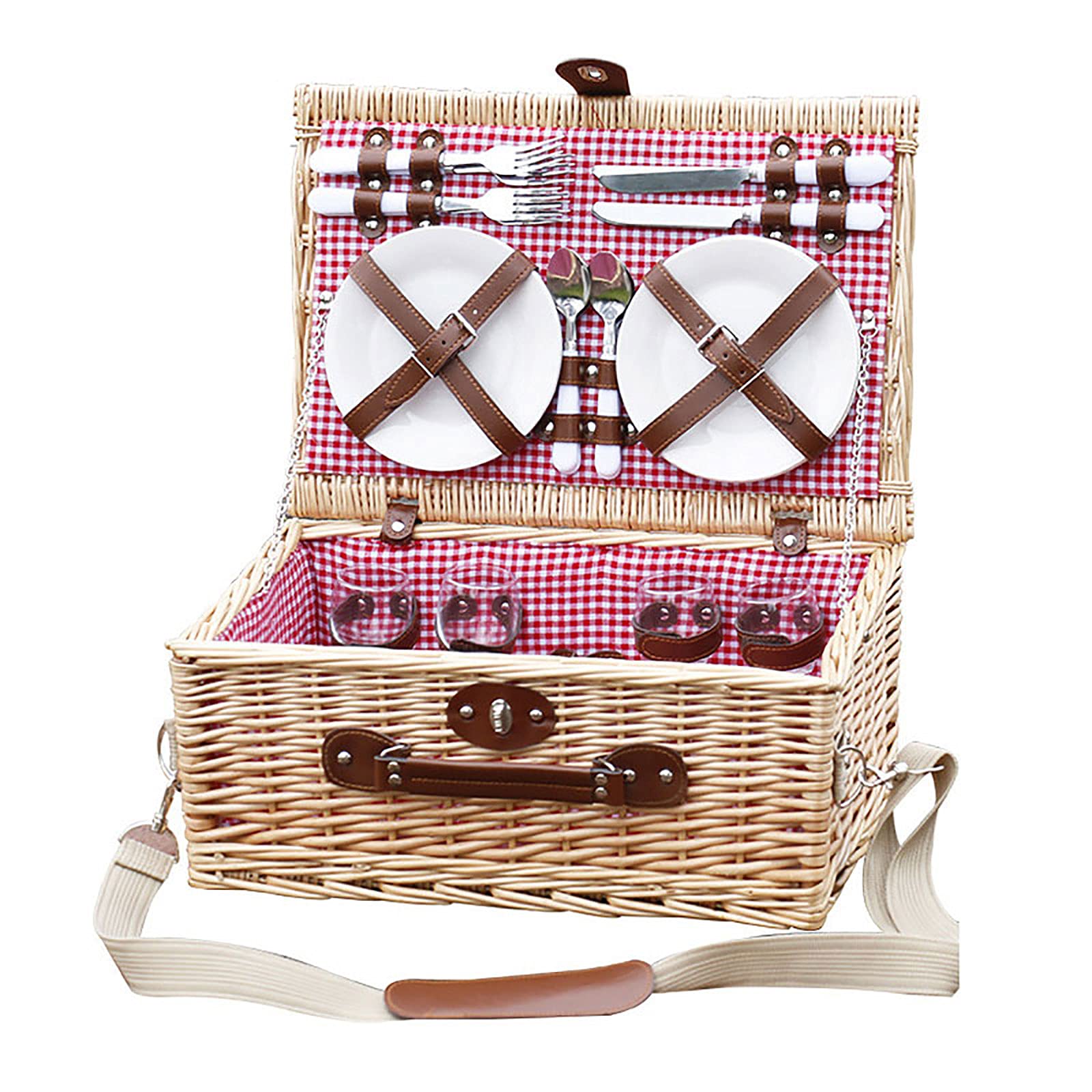 YAROK Deluxe Romantic Wicker Picnic Basket for 4 Persons, Willow Hamper Set, Free Blanket and Cutlery Service Kit for Outdoor Party Or Camping -Red