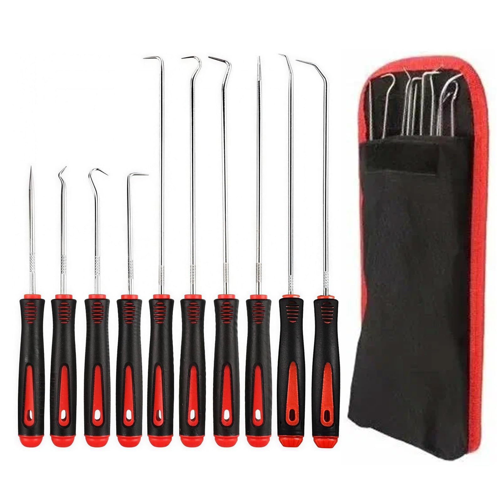 10PCS Hook and Pick Set for Automotive, Oil Seal Removal Tool Kit with Long Shank, Precision Pick Tool Set Mechanic Tools for O Ring Gasket Seal Puller Garage Car Repair Red Handle