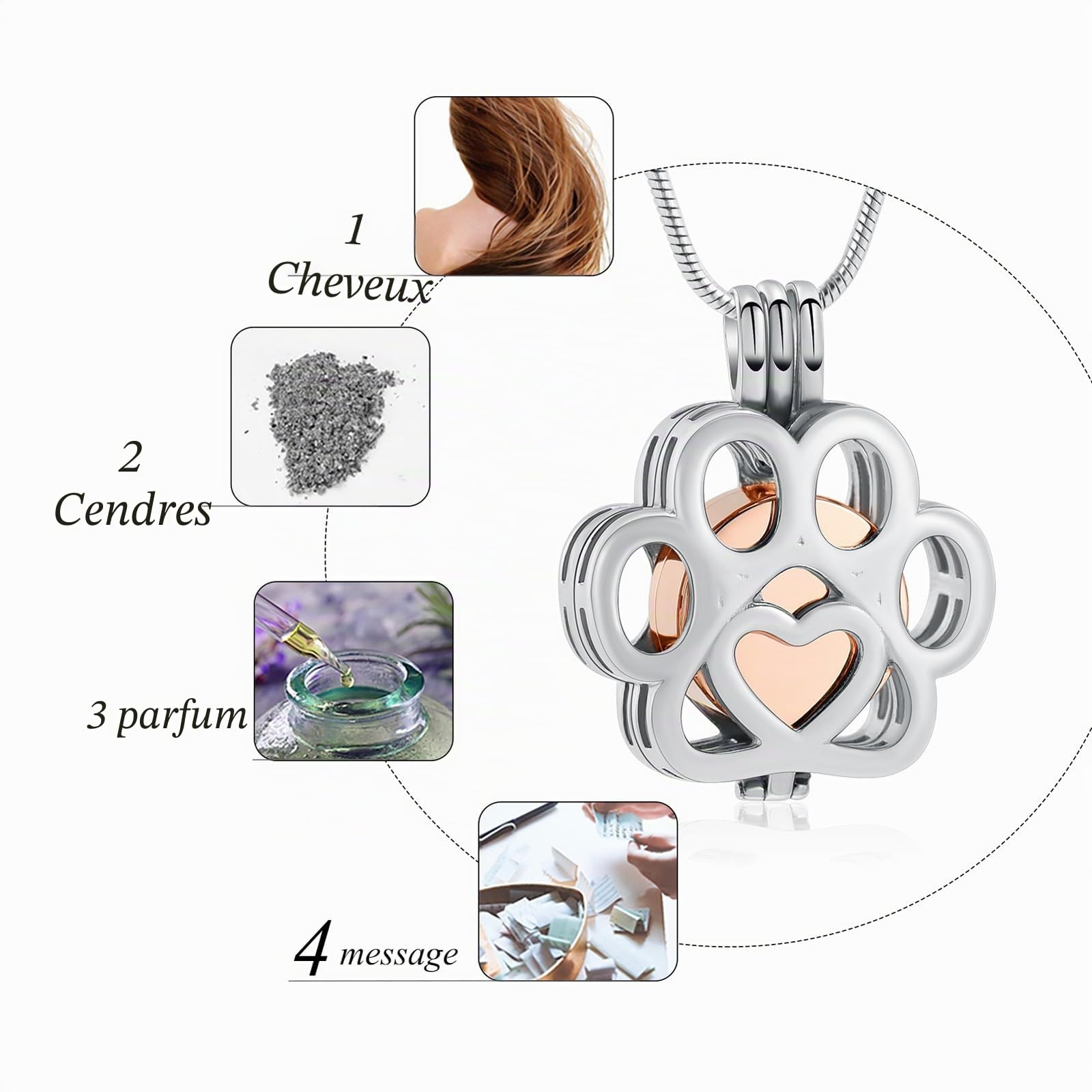 Bijou de crémation pour animal de compagnie - Bijou pour cendres de chien / chat - En acier inoxydable - Collier urne funéraire - Collier intérieur - Mini cas - Bijou de crémation - Bijoux pour femmes