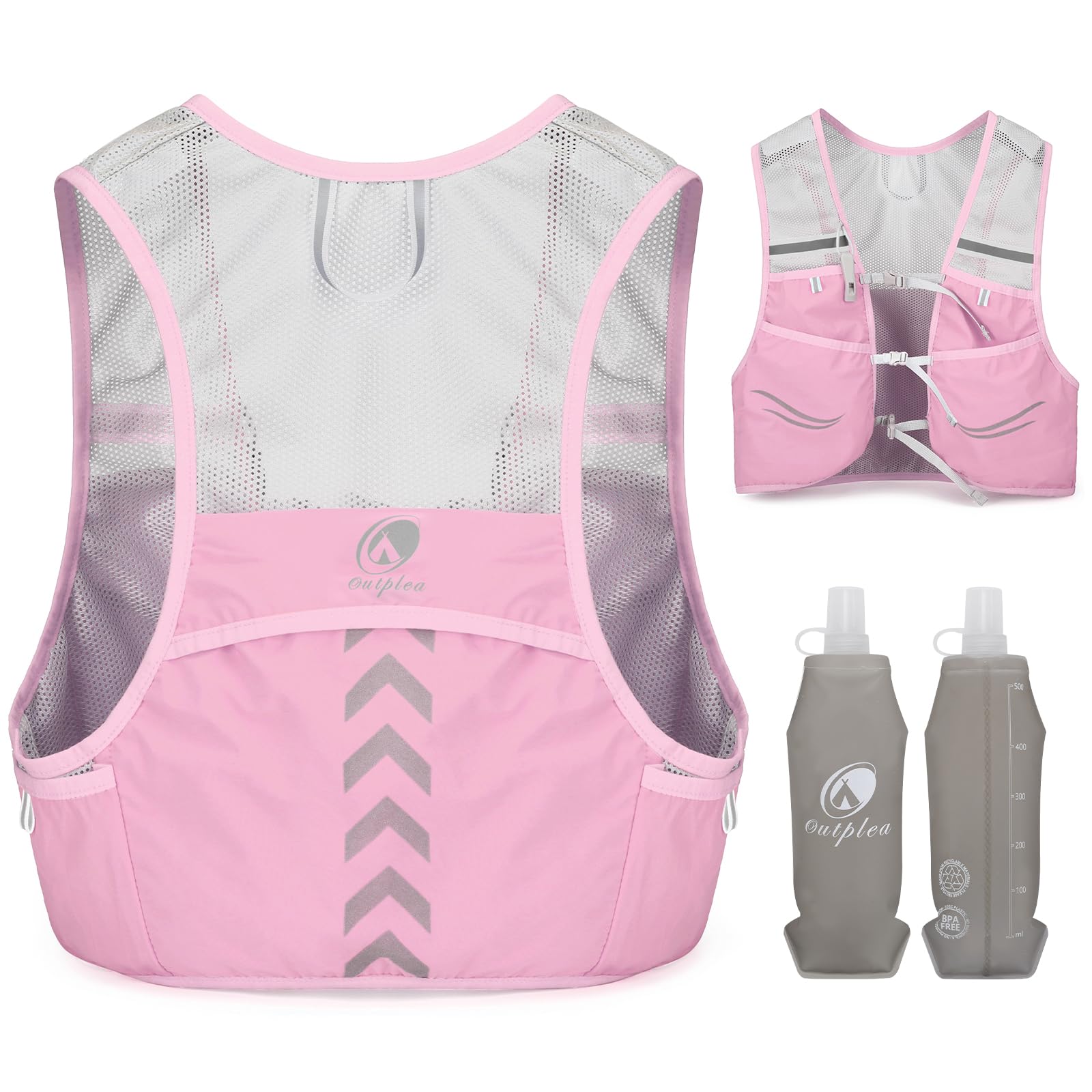 Outplea Laufweste mit 2 Stück 500ml Wasserflasche, Leicht Laufrucksack Herren Damen, Trinkrucksack Trinkweste für Tailrunning Laufen Marathon Zubehör, Rosa/ M