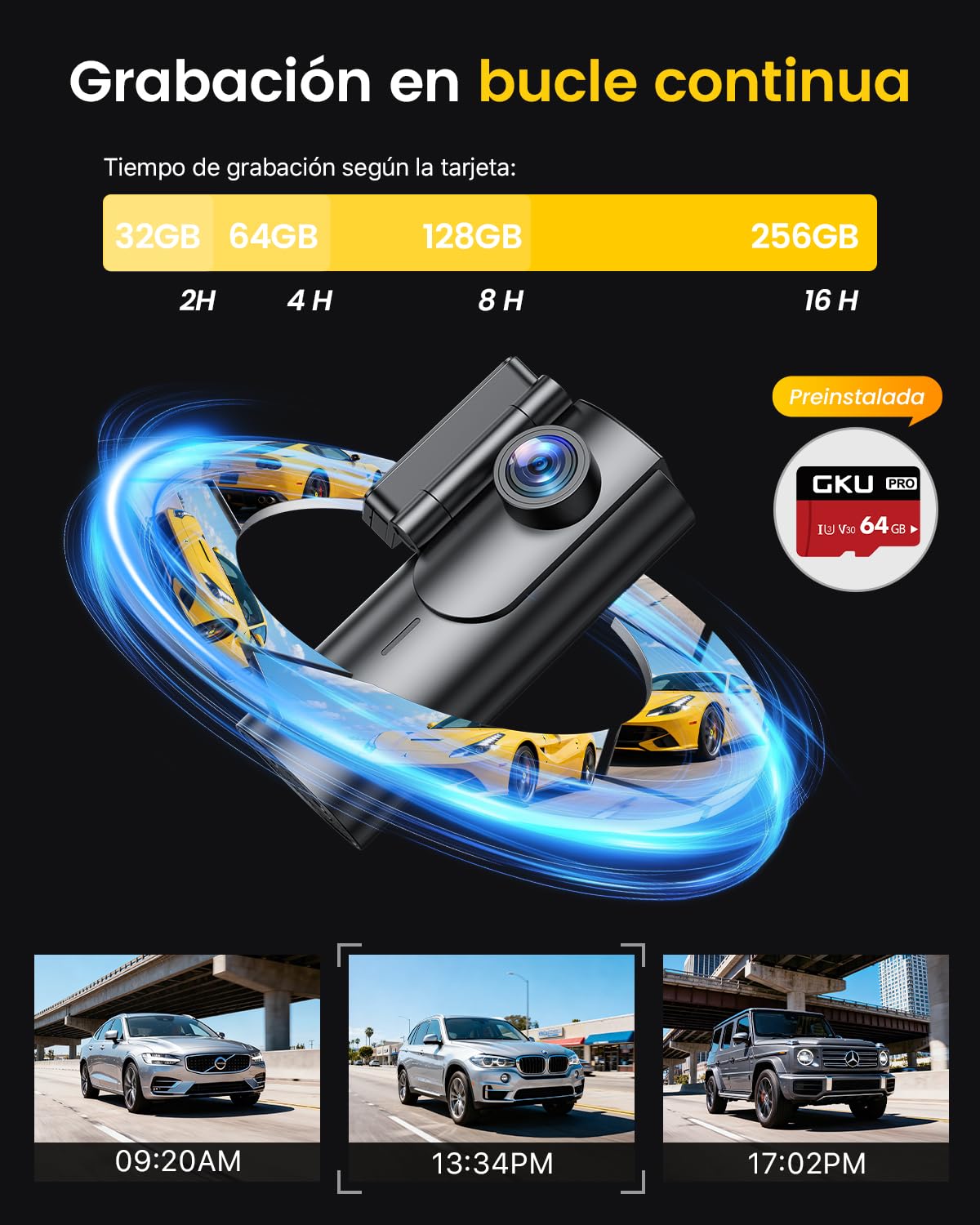 GKU Dashcam Cámara Coche 4K+1080P, 5GHz WiFi Dash CAM Coche con Tarjeta SD de 64GB,Camara Coche Grabadora,170° Gran Angular,Visión Nocturn,WDR,Sensor G,Monitor de Aparcamiento,Grabación de Bucle — view 6