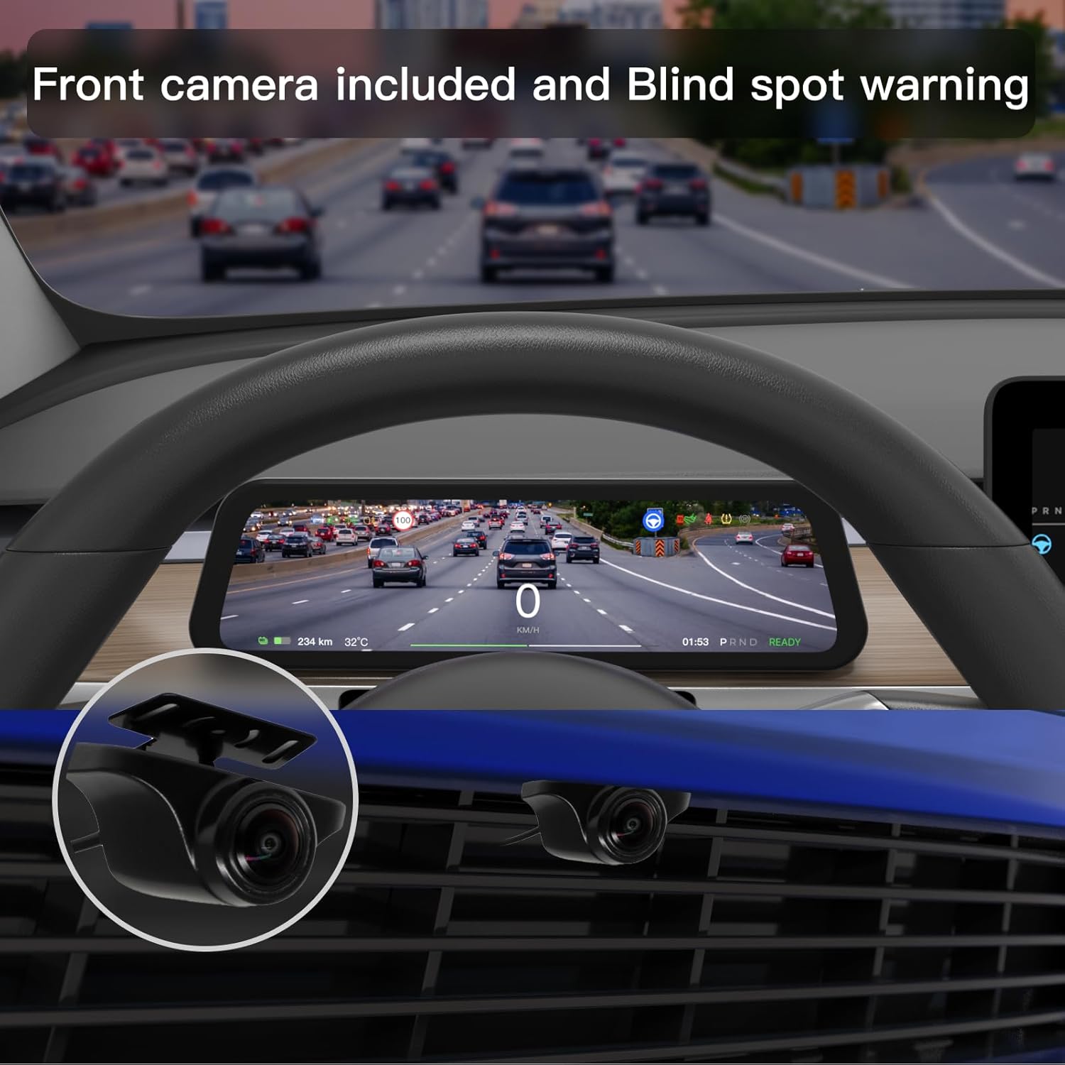 9.6" Heads Up Display for Tesla Model Y & Model 3 - Wireless CarPlay & Android Auto, Ultra-Thin Screen with Front Camera, No AC Blockage, OTA Updates, Sync Info, Low Power Use