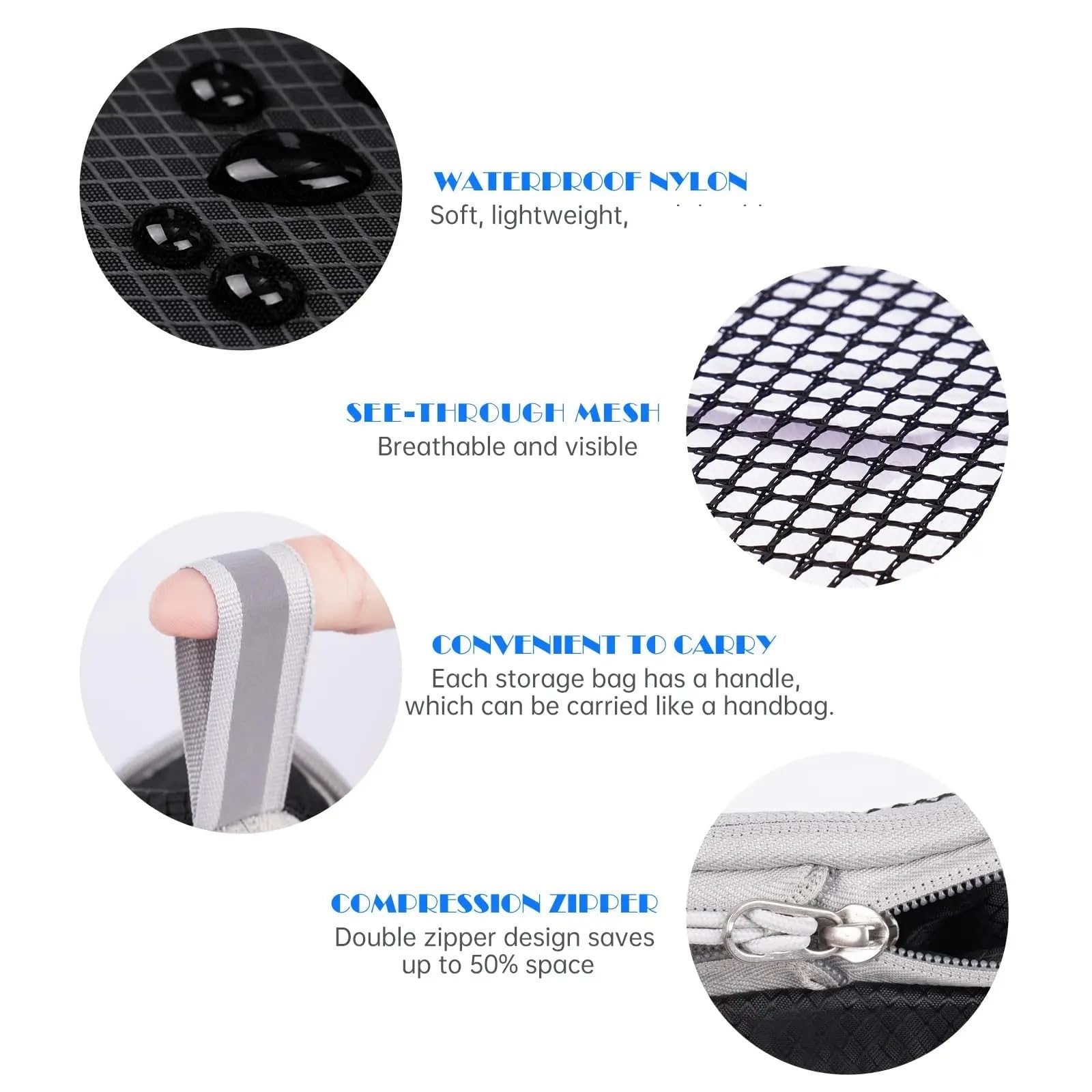 6 Pieces Compressed Packing Cubes Travel Storage Organizer Set With Portable Lightweight Suitcase Bags Shoe Bag Mesh Luggage para Ropa, Ropa Interior(6PCS Set Black)