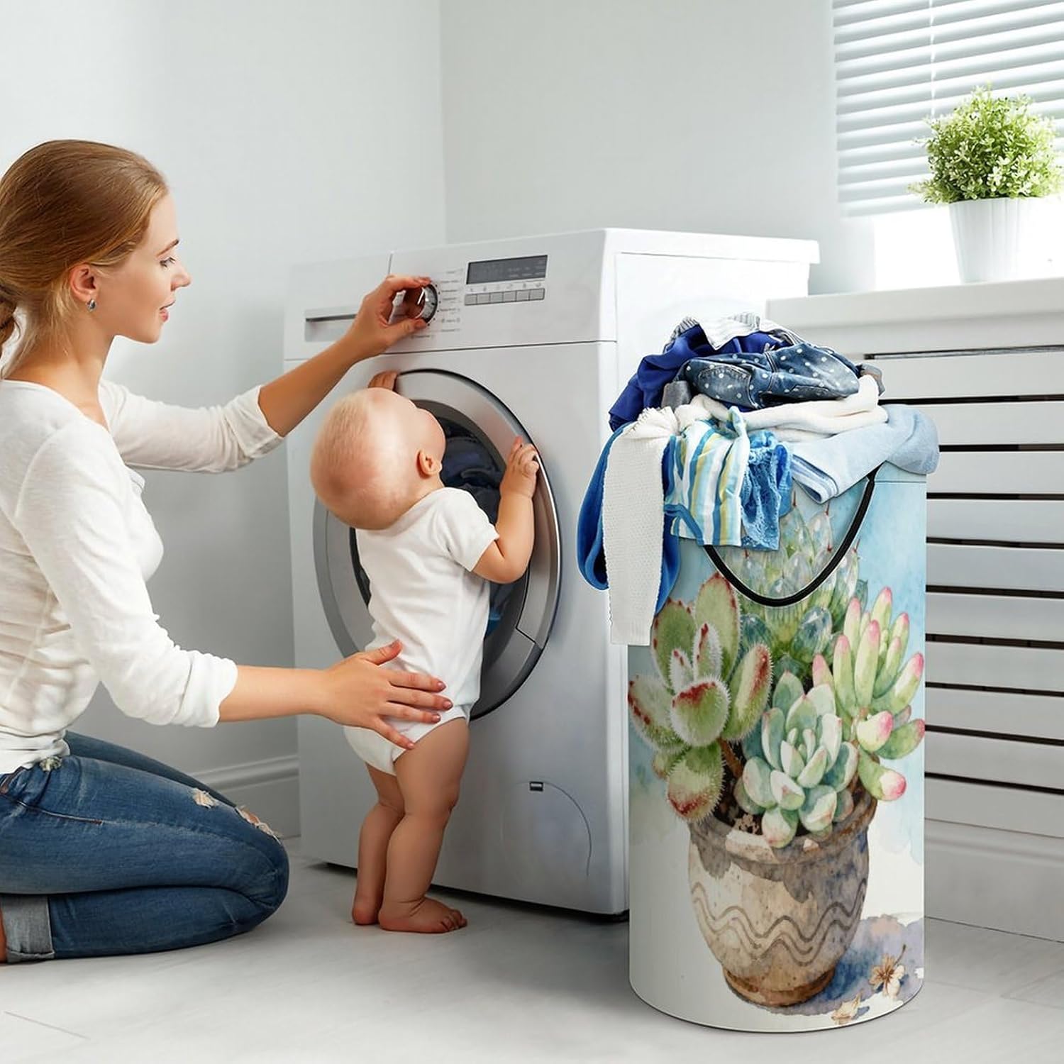 Green Plant Flower Laundry Hamper with Handles Waterproof Collapsible Laundry Basket Large Lightweight Round Dirty Clothes Hamper for Home Dorm Bathroom Decor