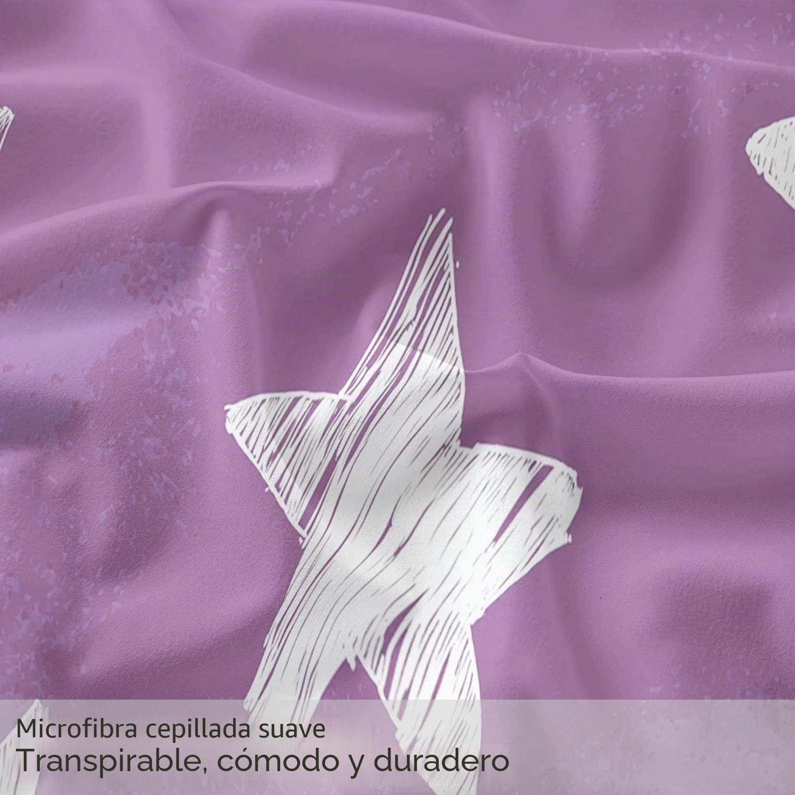 Funda Nórdica Cama 105 Estrellas Lilas, Juego De Funda Nórdica 180x220 cm, 3 Piezas Ropa de Cama con 2 Fundas de Almohada 50x75 cm, Microfibra Reversible Colcha