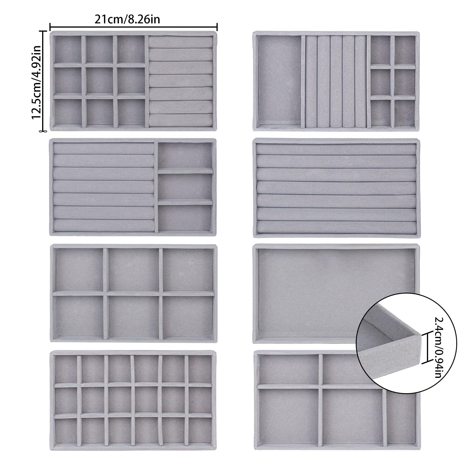 8 Pezzi Organizer Gioielli da Cassetto Velluto, Vassoio Porta Collane, Porta Gioielli Donna per Anelli, Collane, Orecchini e Bracciali