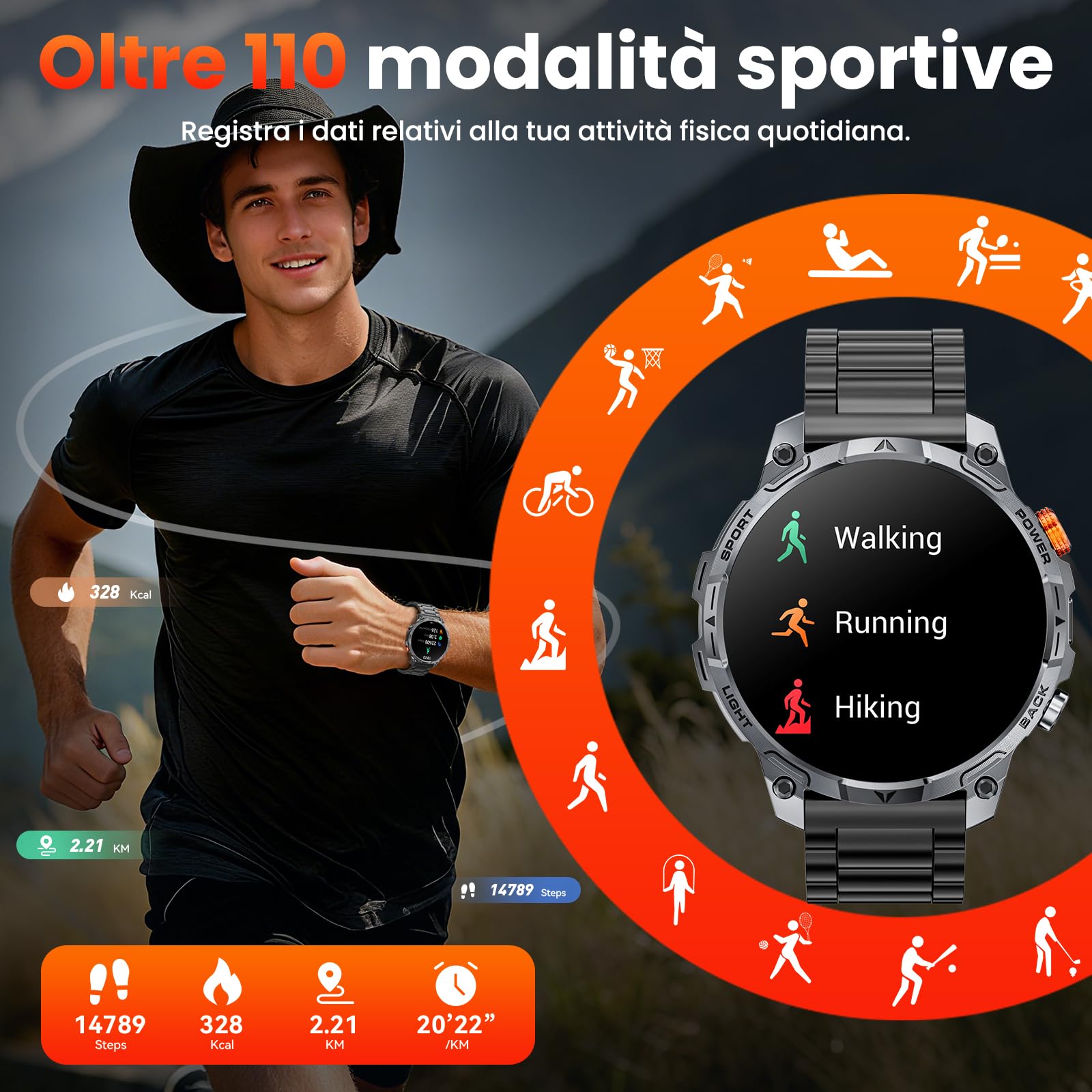 Smartwatch Uomo Militare, Batteria da 1000 mAh, Due Cinturini, Schermo HD da 1,75", Torcia LED, 100＋ Modalità Sportive, Monitoraggio della Salute, Chiamate Bluetooth per iOS Android (Nero)
