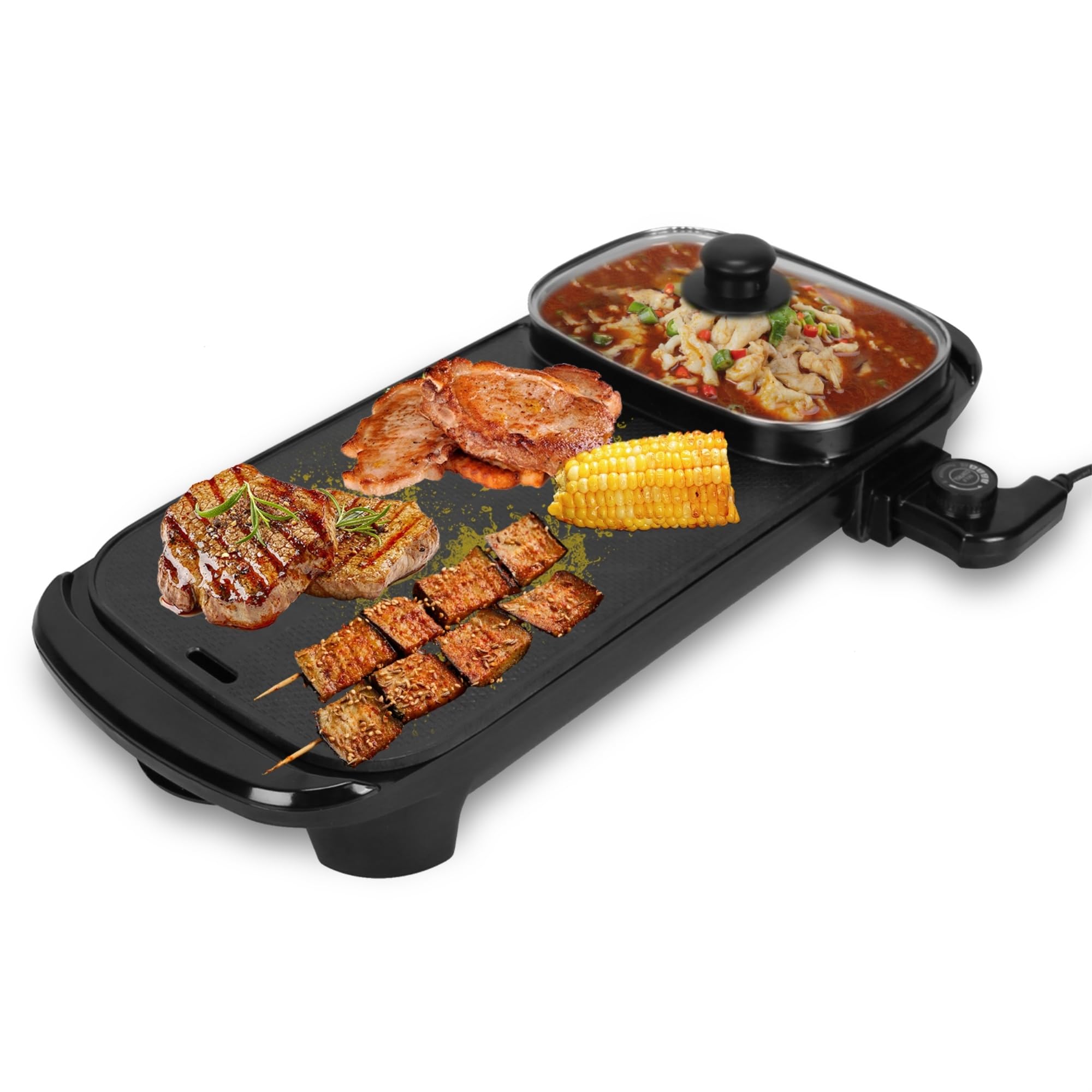 Casafoyer 2 in 1 1300W Electric Hot Pot with Grill Smokeless Non-Stick Korean BBQ Grill Shabu Shabu Hot Pot with 5 Firepower Levels for 2-6 People
