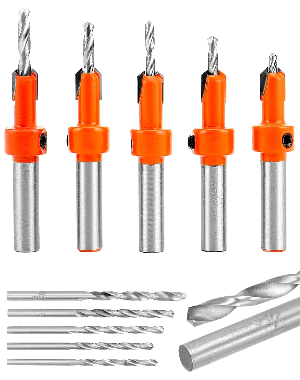 QWORK Wood Countersink Drill Bit Set, 5 Pcs Counter Sinker Drill Bit and 5Pcs Extra Pilot Drill Bit, 5/16" Round Shank, Replaceable Drill Bits and Wrenches