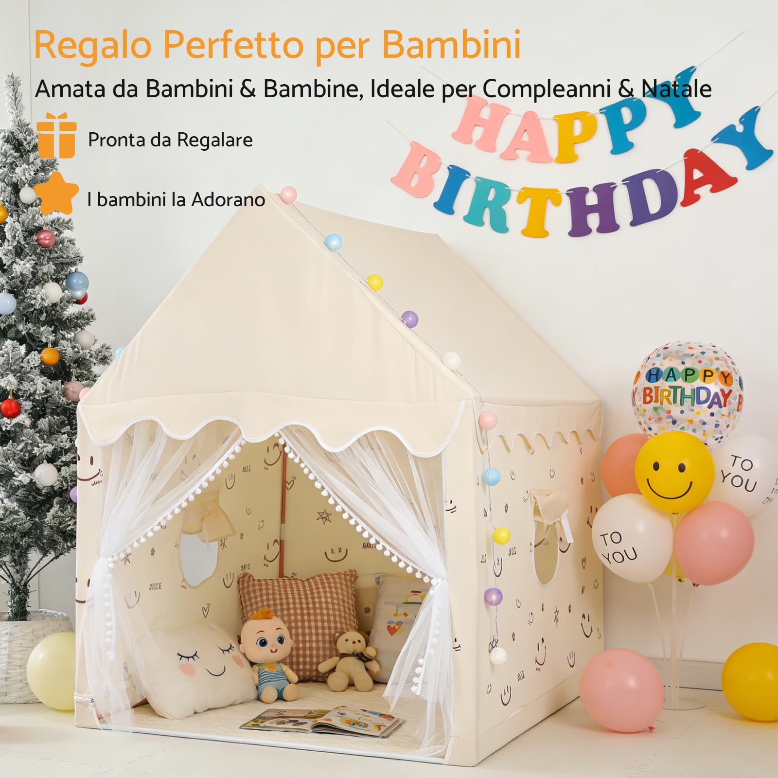 Tenda Gioco per Bambini 120×100×130 cm con Luci LED e Finestre | Capanna da Gioco per Bambini di 3-12 Anni Spaziosa e Portatile per Interno ed Esterno, Montaggio Rapido in 10 Minuti