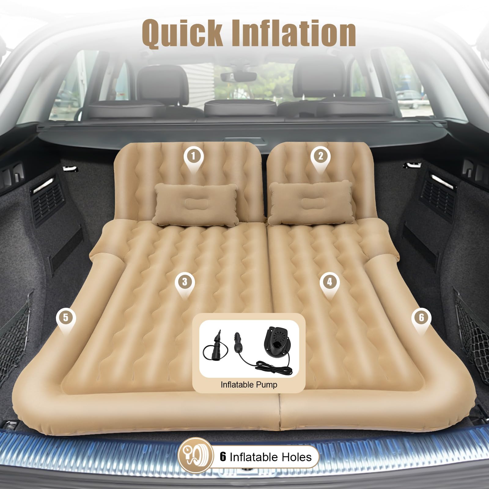 Materasso gonfiabile per auto, letto matrimoniale con pompa ad aria elettrica e 6 prese d'aria, portata 300 kg per campeggio, viaggi su strada e all'aperto (beige)