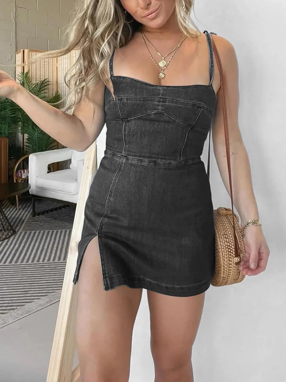 utcoco Women's 2025 Summer Tie Shoulder Denim Mini Dress Sleeveless Side Slit Bodycon Short Jean Dress - Image 4