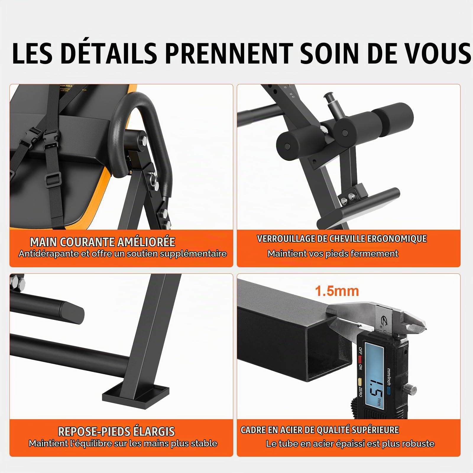 VEVOR Table d'Inversion Charge 136 kg, Banc d'Inversion avec Appui-Tête, Machine d'Étirement du Dos par Décompression, avec Verrouillage de Cheville Ceinture de Protection, Musculation, Orange/Noir