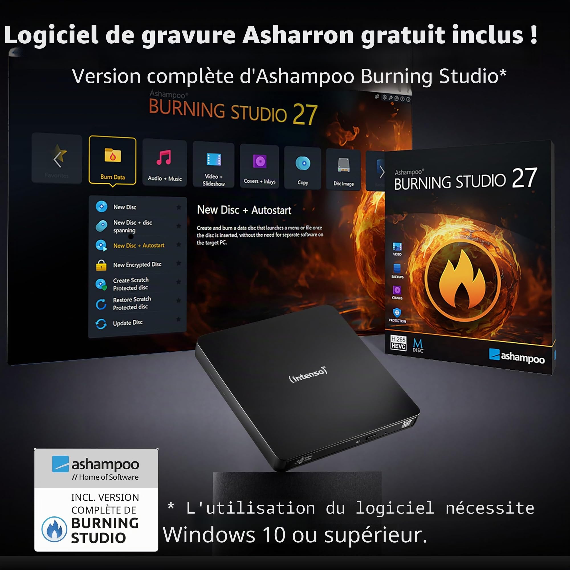 Intenso Lecteur CD/DVD Externe Graveur Externe EOD 400D Slim USB 3.2 pour Ordinateur Portable Desktop PC iMac MacBook Windows MacOS + Logiciel de Gravure Gratuit Ashampoo Burning Studio Noir