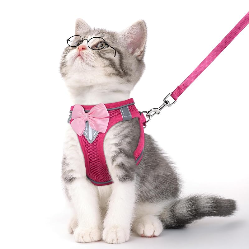 Peitoral para gatos com guia e faixa refletiva NCMAMA, Rosa, tamanho S