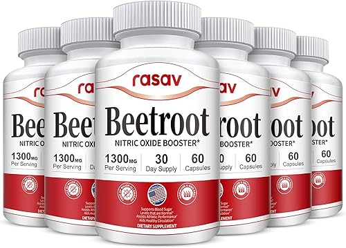 Miniatura 1 de Rasav Paquete de 6 cápsulas de raíz de remolacha de 1300 mg por porción, suplemento de óxido nítrico para flujo sanguíneo, corazón y energía,