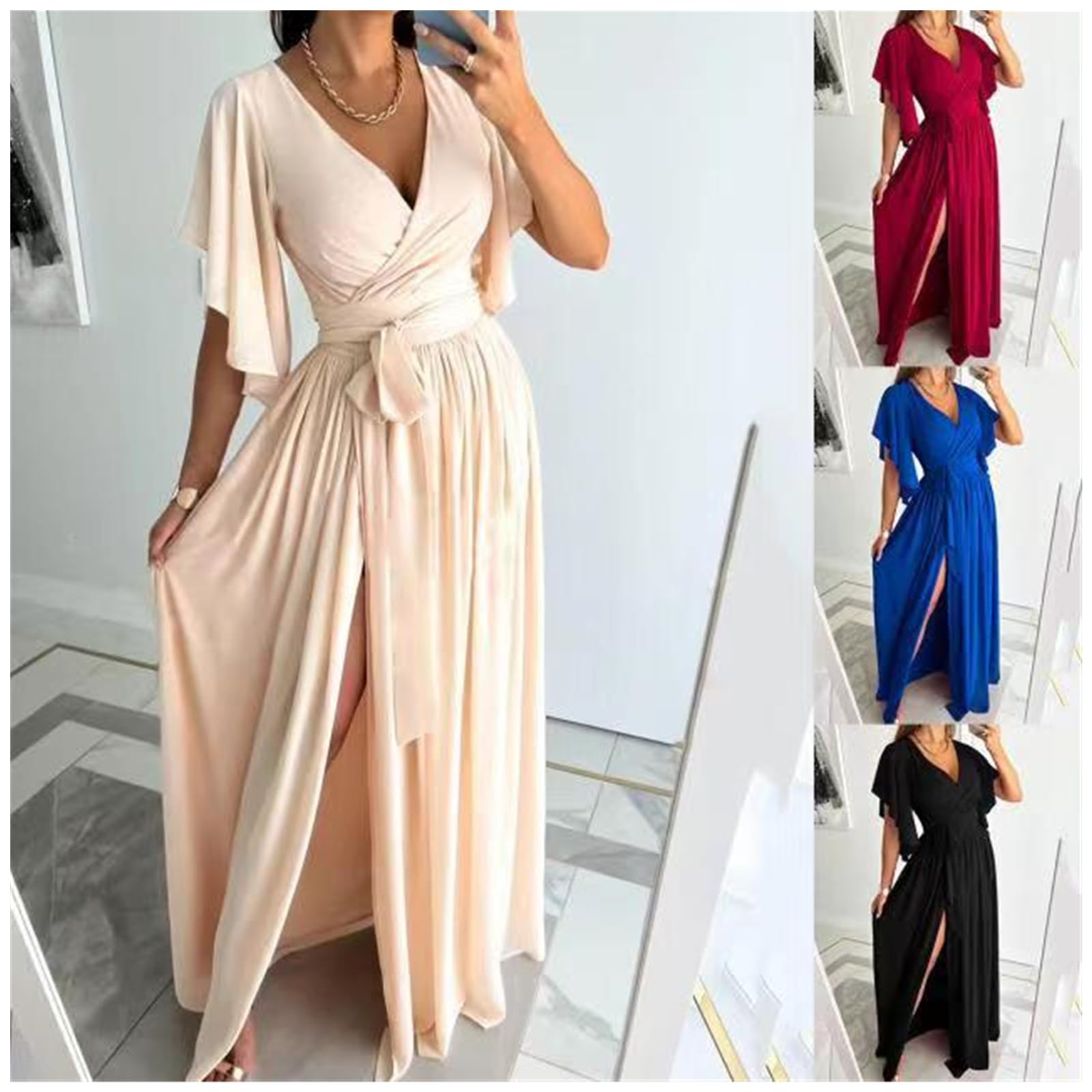 Abito Estivo Delle Donne Summer Maxi Casual Abito Lungo Sciolto Maniche Corte V-Neck Abiti, HUTALIM, Khaki, l