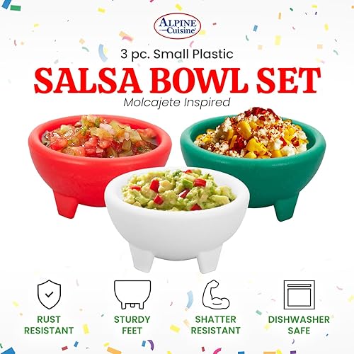 Miniatura 2 de Alpine Cuisine Juego de 3 cuencos pequeños para salsa (Molcajete), material plástico de grado alimenticio, resistente y fácil de limpiar, cuenco de