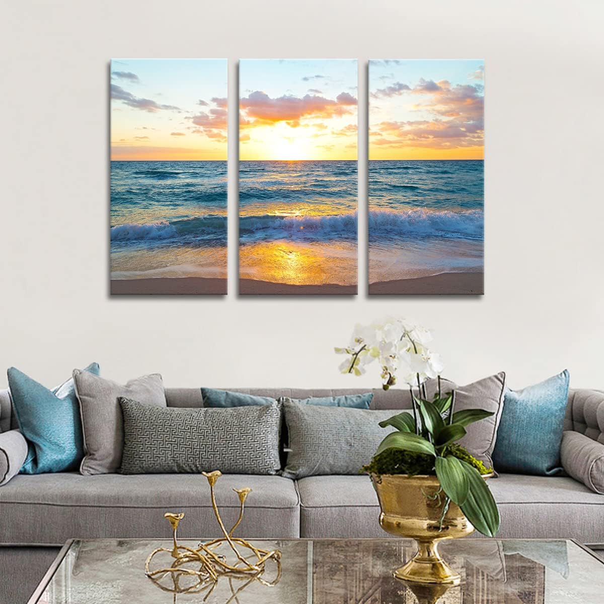 Noah Art-Ocean Beach Wall Art, Sunrise over the Miami Beach Blue Sea Ocean Pictures on Canvas Print, Wooden Framed Bathroom Decor Wall Art, 12x24inch x 3 Piece Set 12x24inchx3pcs(30x60cmx3pcs) Orange