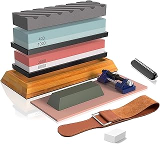 BRITOR Knife Sharpening Stones,Sharpening Stone Kit Includes 4 Side Grit 400/1000 3000/8000 Whetstone, Non-Slip Bamboo Base, Angle Guide，Polishing Compound，Leather Strop, Flattening Stone