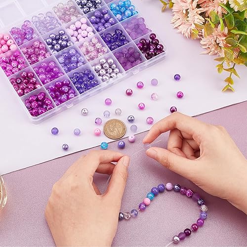 Miniatura 3 de PH PandaHall 600 cuentas de vidrio púrpura de 0.315 pulgadas (0.315 in), 24 estilos de cuentas pintadas transparentes, cuentas redondas espaciadoras