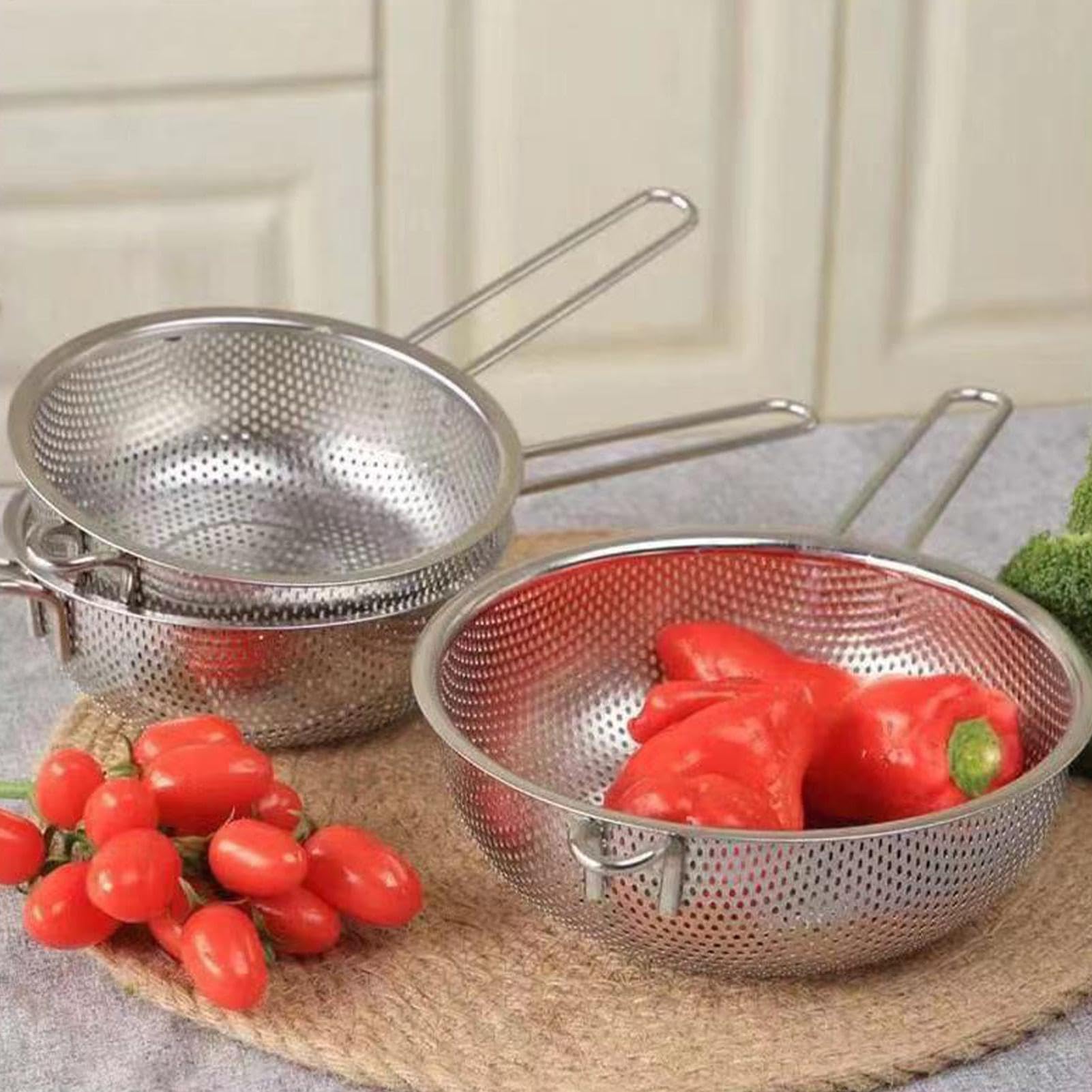 Scolapasta per cucina, in acciaio , a maglia fine, 24 cm, setaccio in metallo, filtro per alimenti, manico ergonomico, per pasta, verdure, frutta