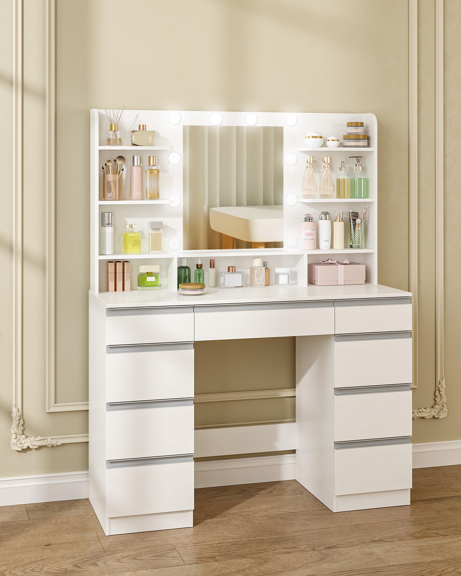 Hzuaneri Grande Coiffeuse avec Éclairage LED, 10 Boules Lumineuses LED, 3 Couleurs, Luminosité Réglable, Miroir, 9 Tiroirs, 9 Étagères Ouvertes, Blanc-Argent DT35703W