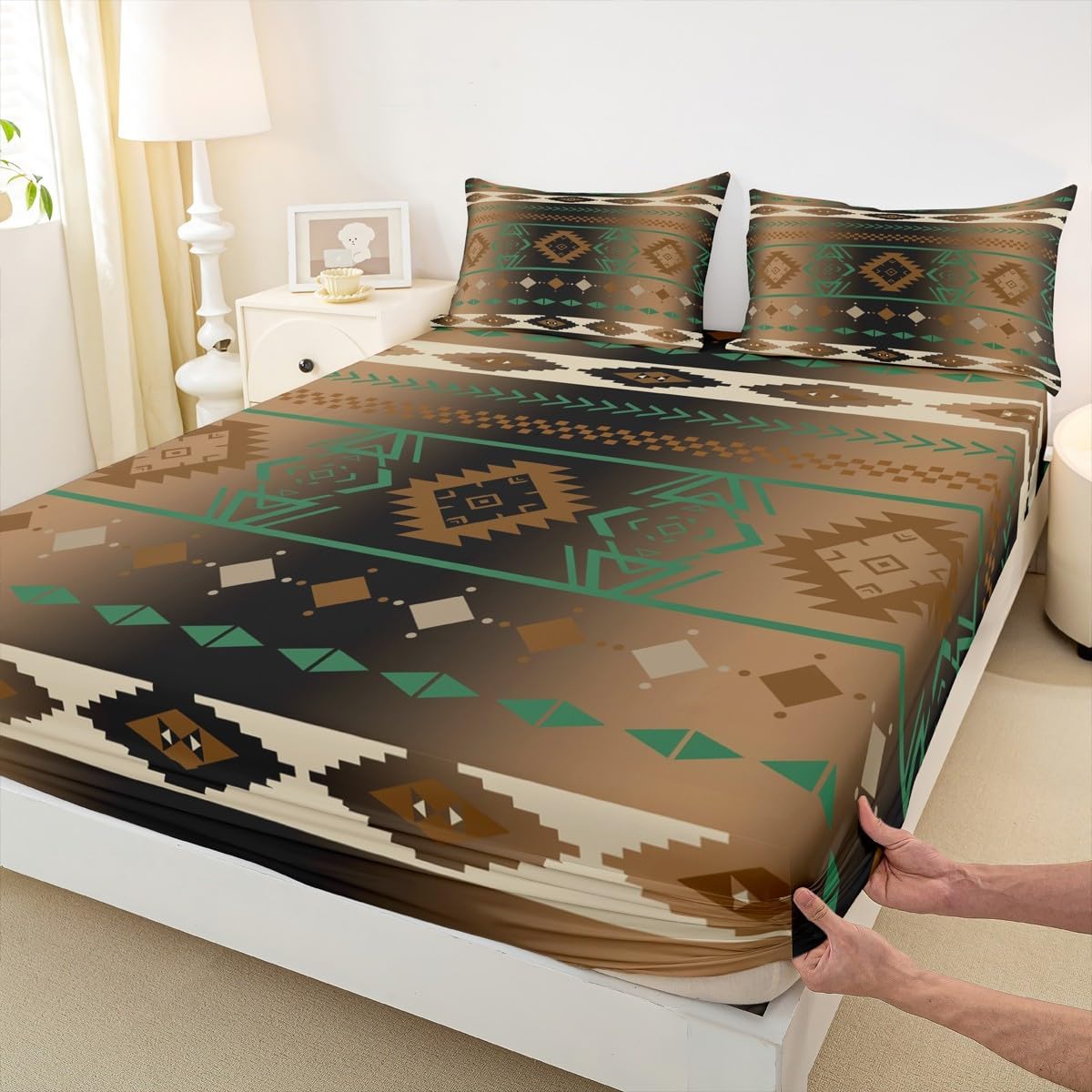 Feelyou Tribal Aztec Bed Sheets Set Full Size Western Native Bedding Ethnic Geometric Deep Pocket Fitted Sheet Southwestern Tribal Vintage Brown Breathable Soft Lightweight Microfiber, NO TOP Sheet