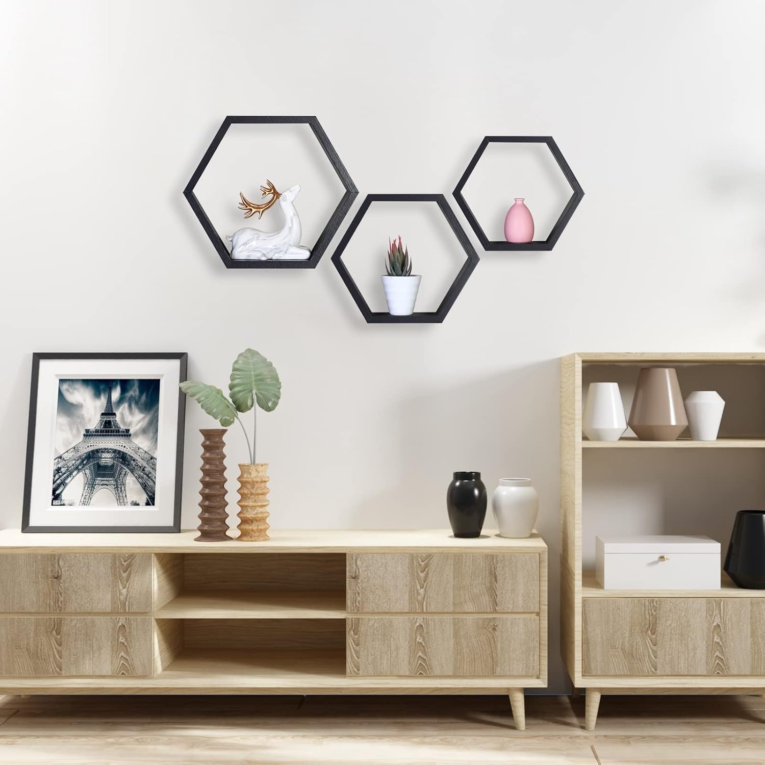 PHOENANCEE Hexagon Floating Shelves,Honeycomb Shelves Set of 3,Wall Mounted Wood Farmhouse Hexagonal Storage Shelf for Bathroom, Kitchen, Bedroom, Living Room