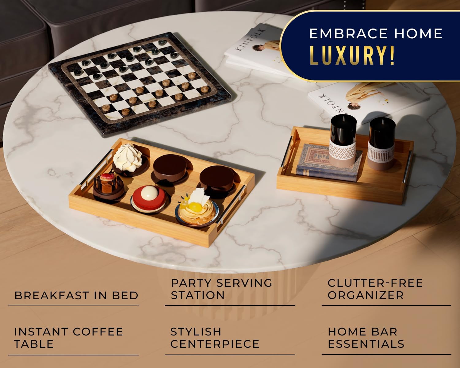 Comfify Decorative Bamboo Serving Trays with Silver Stainless Steel Handles – 2-Piece Set for Coffee Table, Ottoman, Breakfast in Bed, Jewelry & Decor Organization – 12"x17" – Pure Bamboo Finish
