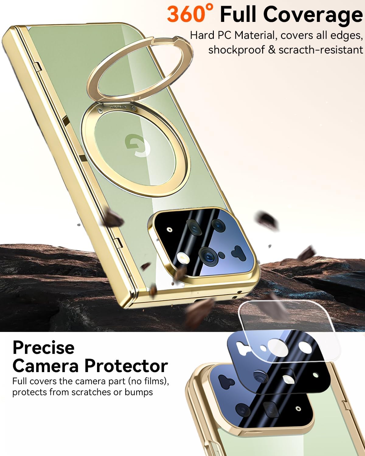 for Google Pixel 10 Pro Fold Magnetic Case with 360° Rotating Ring Stand, Compatible Magsafe Anti-Spy Privacy Screen Protector Hinge Cover Full Coverage Case for Google Pixel 10 Pro Fold Gold