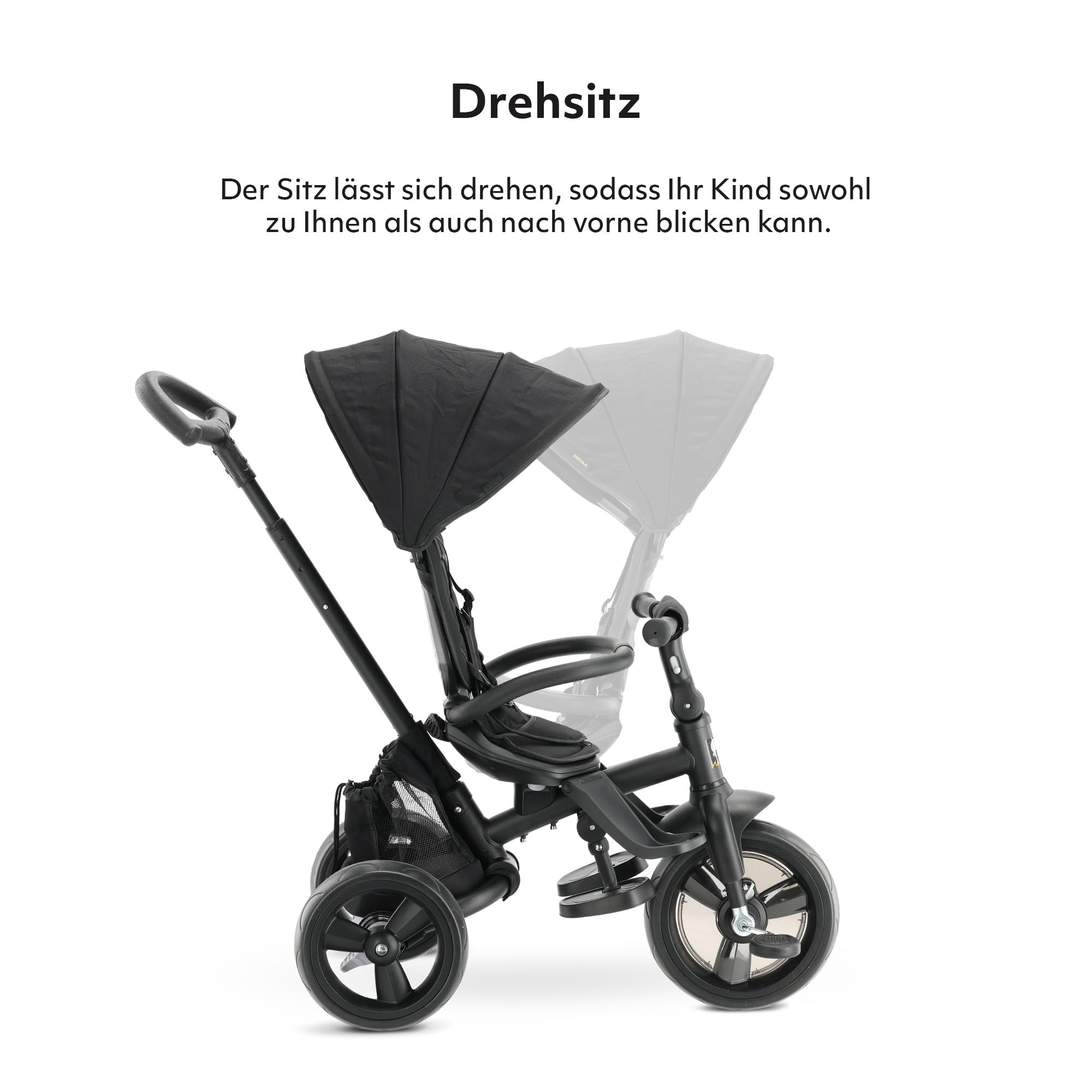 Deryan Explorer Dreirad ab 9 Monate bis 25 kg - Kinderdreirad mit schubstange - Kompakte zusammenklappen - drehbarer Sitz Vorwärts und Rückwärtsfahrt - ausklappbarem Verdeck mit sonnenschutz - Schwarz
