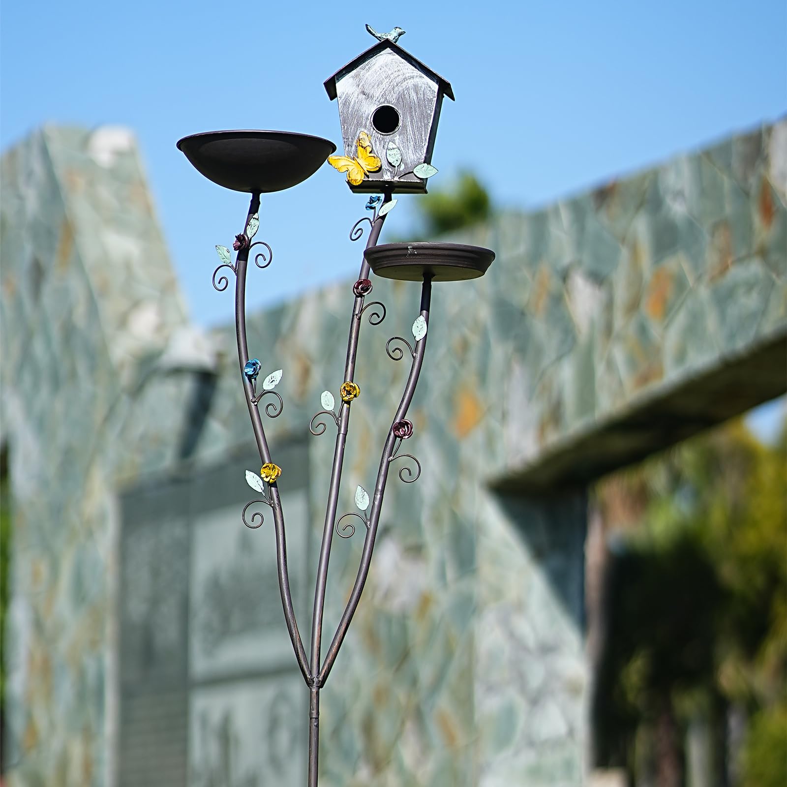 Baños para pájaros para exteriores, cuenco de baño mejorado para pájaros, casa de pájaros y bandejas de comedero de pájaros, diseño 3 en 1, baño de metal para decoración de jardín y patio