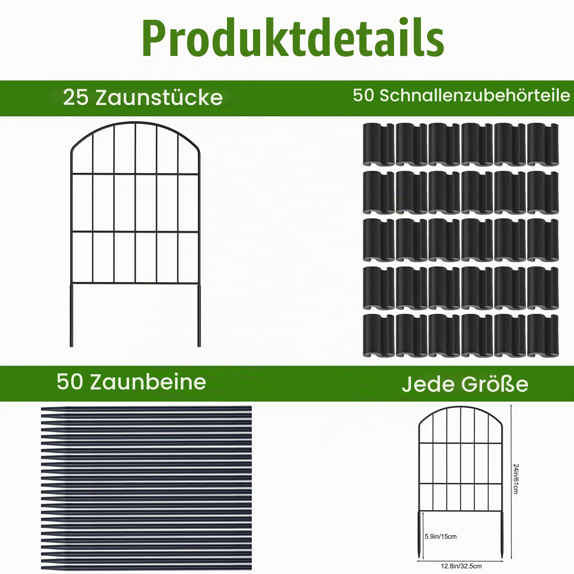 25 Stück Gartenzaun, Metall Zaunelemente (812.5CM(L) X 60CM(H))