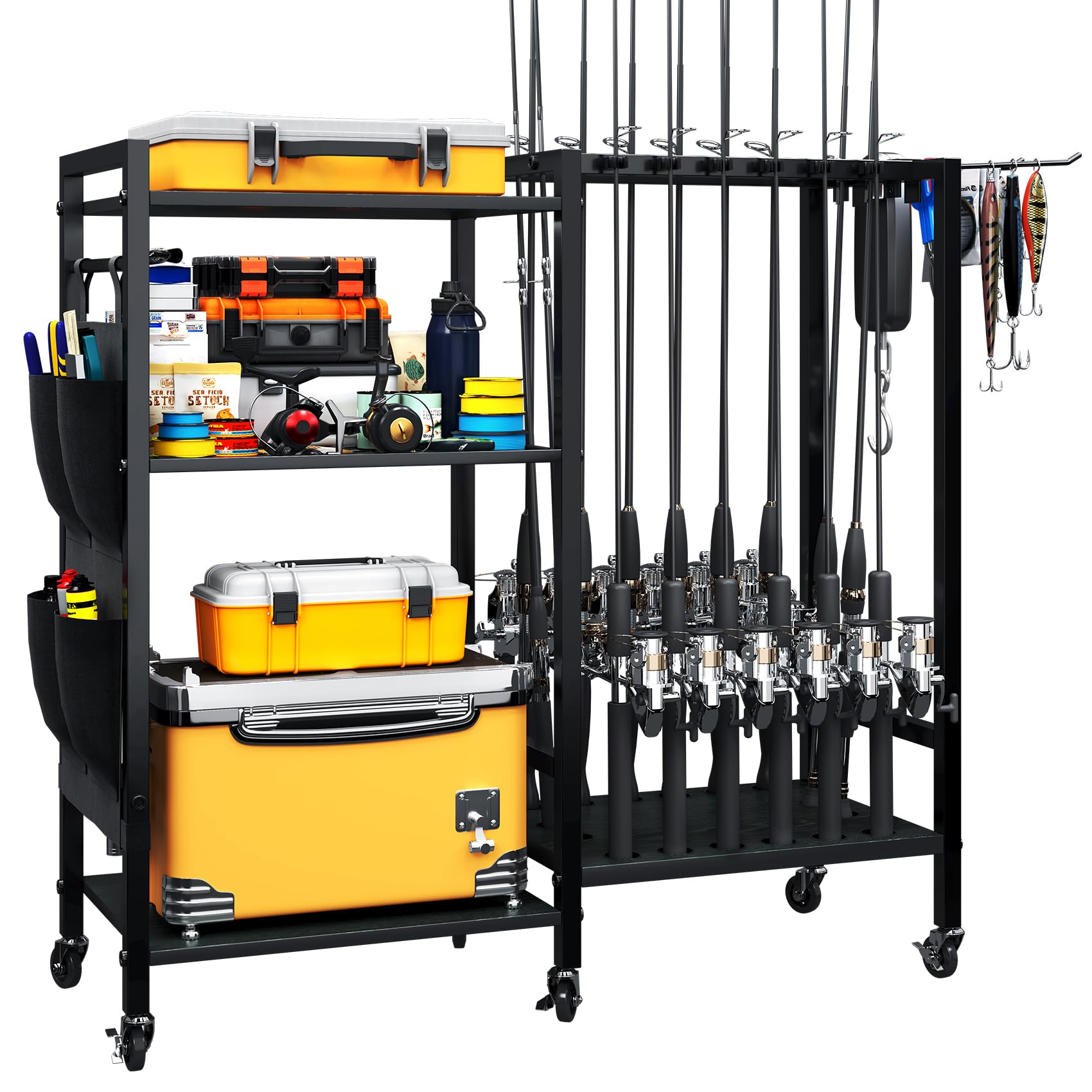 TC-HOMENY 16-Rod Fishing Rod Holder for Garage, Fishing Pole Rack Cart Fit All Fishing Rods, 3 Tier Fishing Tackle Storage Organizer Rack with Storage Bag, For Living Room