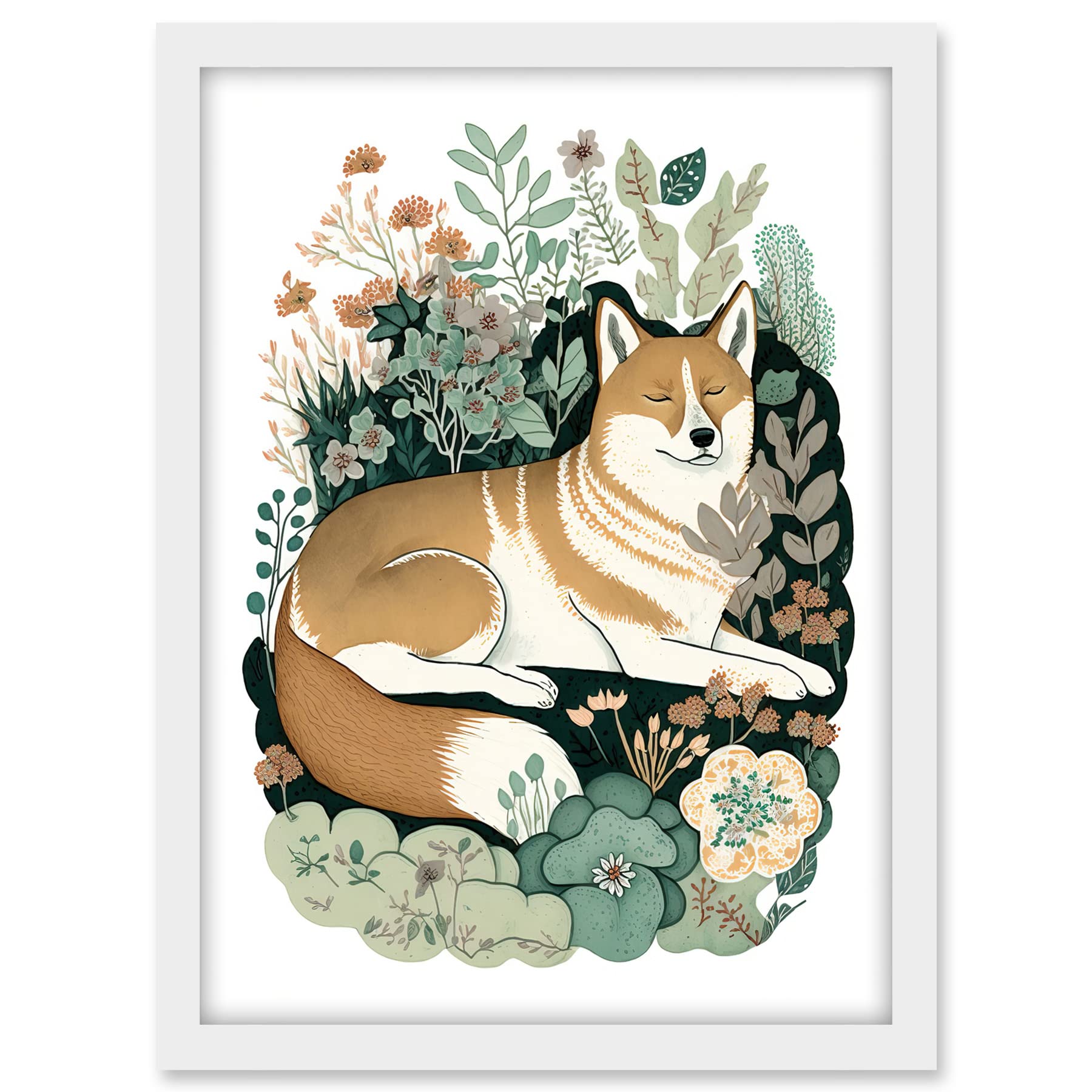 Artery8 Shiba Inu Dog Lying in Flower Field Modern Stylised Illustration Artwork Framed A3 Wall Art Print