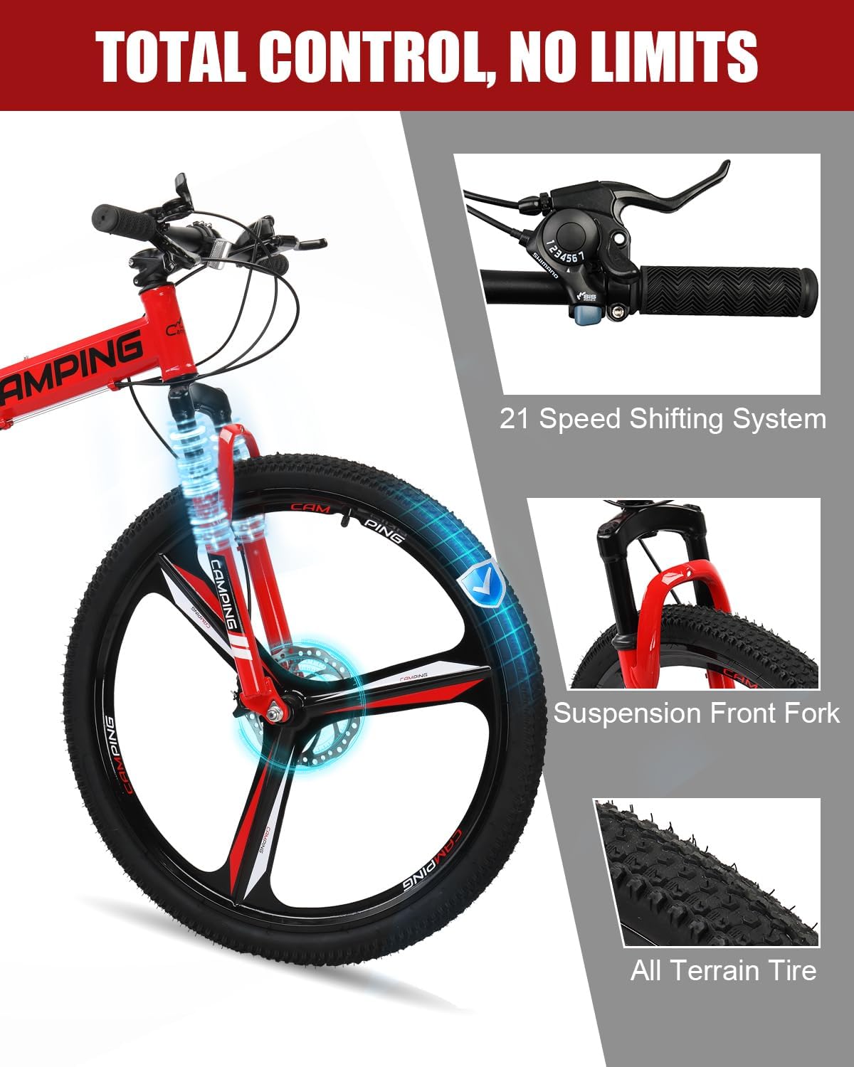 CamPingSurvivals 26" Foldable Bike, 21 Speeds Folding Bikes for Adults, Bicycle for Men & Women with Full-Suspension, Double-Walled Tire, Dual Disc Brake, Quick Release and Unique Wheel Look