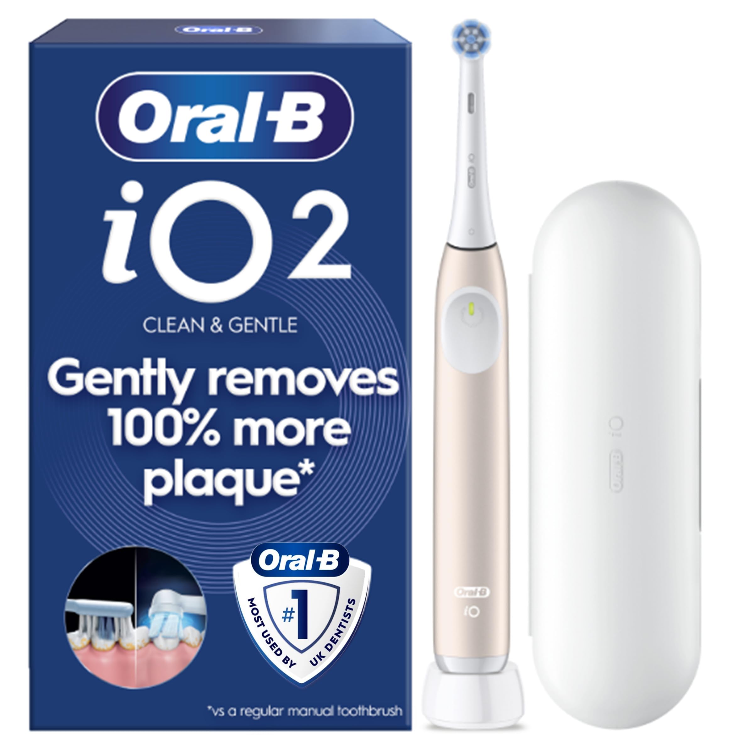 Oral-B iO2 Electric Toothbrush for Adults, 1 Handle, Calm Pink - 1 Gentle Care Brush Head, Travel Case, Travel Refill Holder, Designed by Braun, UK Two Pin Plug